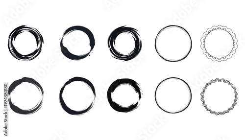 A collection of ten black and white circular shapes arranged in two rows on a plain white background with varying line widths and textures