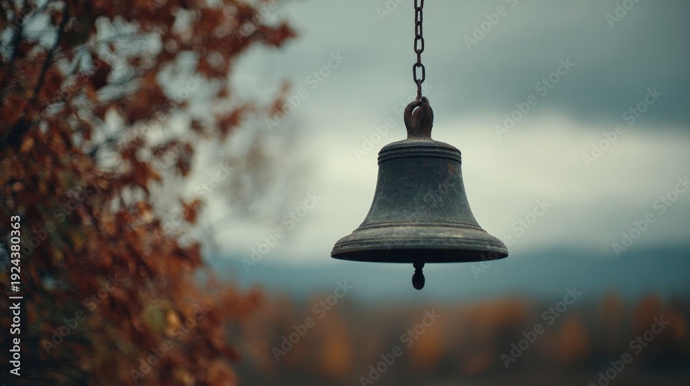 Obraz premium Rustic bell hanging from chain amidst autumn foliage and overcast sky