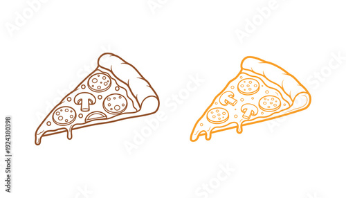 Two slices of pizza with various toppings in a simple line drawing style