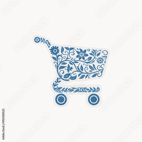 Blue floral shopping cart icon with leaves and flowers on white background