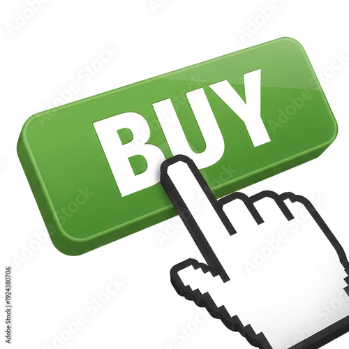 Green buy button with finger click isolated on a transparent background
