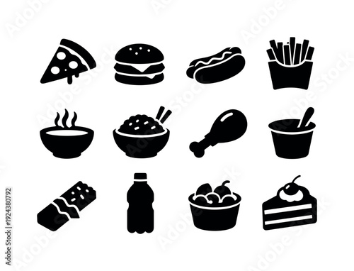 Solid vector icons of cafeteria food: pizza slice, burger, hot dog, French fries, soup bowl, rice bowl, chicken drumstick, yogurt