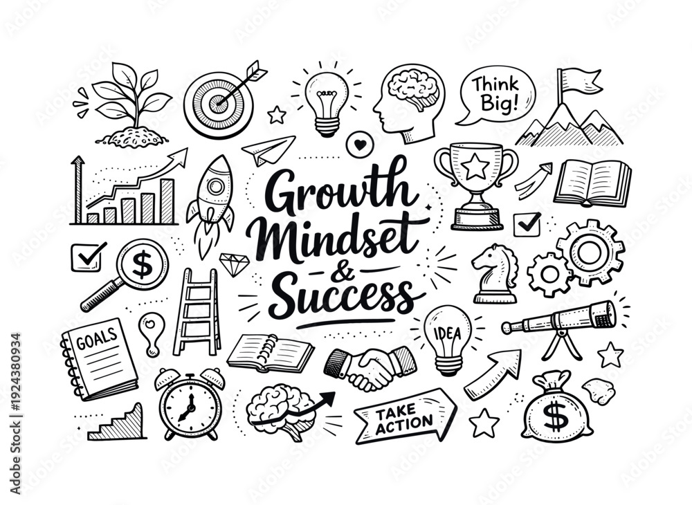 Fototapeta premium Growth oriented success mindset, hand drawn doodle elements set, center hand-lettered title, black & white vector line art, bold