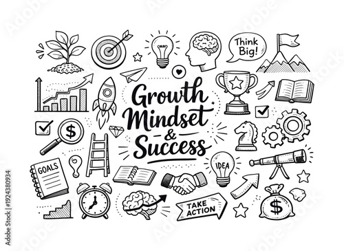Growth oriented success mindset, hand drawn doodle elements set, center hand-lettered title, black & white vector line art, bold