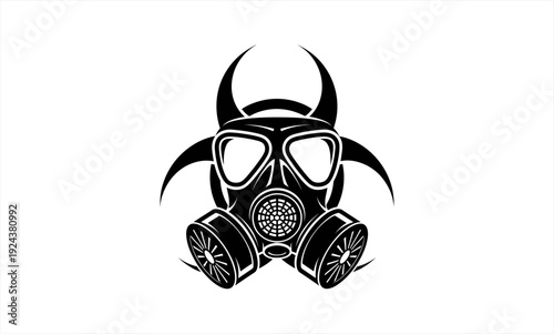 Gas Mask with Biohazard Symbol Black and White Illustration.