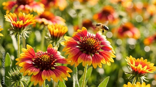 Bee collecting pollen on vibrant blanket flower in sunny garden