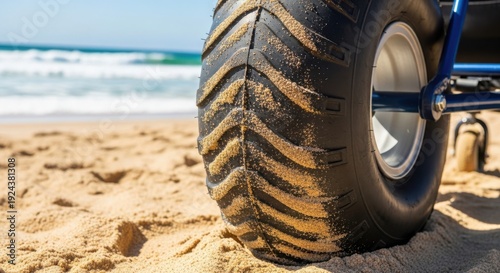 Rugged beach tire on golden sandy shore, deep tread imprinted in soft sand with ocean waves. This sturdy beach tire suits off road mobility, accessible recreation.