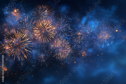 A cascade of golden fireworks illuminates the night sky amidst a shower of sparkling particles creating a festive and celebratory atmosphere