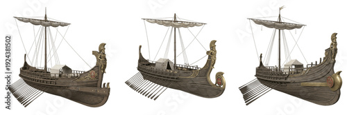 Foto Roman warship isolated on white background, ancient Roman galley, trireme, birem