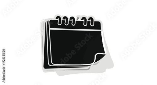 Black and white notepad calendar illustration with spiral binding and torn page, simple modern design for business planning and organization