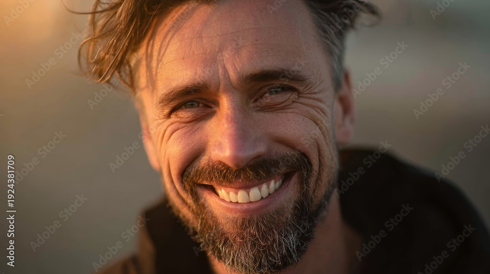 Obraz premium Caucasian mature male smiling outdoors in warm light