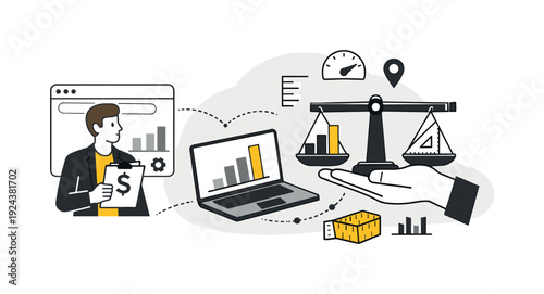 Modern minimal flat vector conceptual collage, crisp hard edges, consistent THIN outline stroke, rounded corners where needed,