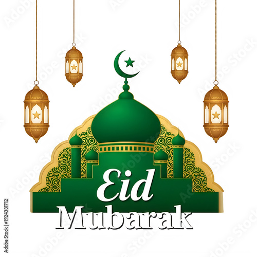 Eid mubarak greeting with mosque and crescent moon isolated on a transparent background