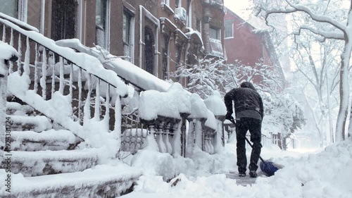 alt man shovels sidewalk during snow storm in Brooklyn