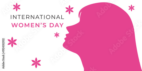 International women’s day female silhouette with pink floral elements ,women empowerment celebration concept