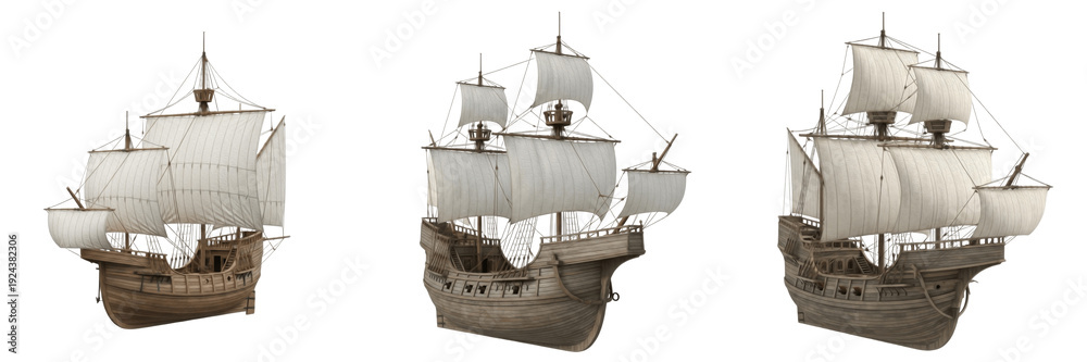 Naklejka premium Caravel isolated on white background, 15th century Portuguese sailing ship, exploration vessel, Age of Discovery ship, lateen-rigged caravel, Atlantic voyage ship, maritime exploration vessel