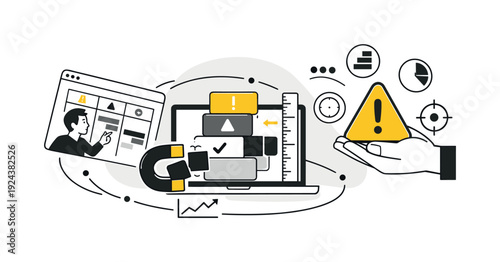 Abstract Risk Management Collage. Modern minimal flat vector conceptual collage, crisp hard edges, consistent THIN outline stroke,