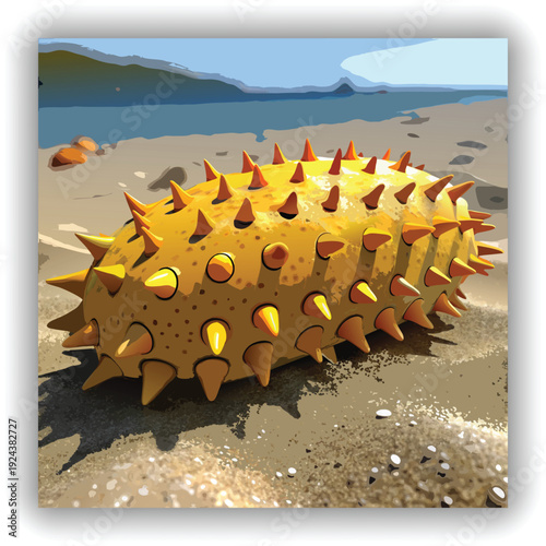 A close-up, eye-level shot presents a sea cucumber resting on a sandy beach at the water's edge. The sea cucumber, the main subject, is oblong-shaped and has a textured exterior, covered in small, clo