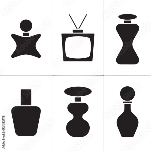 Minimalist perfume bottle silhouettes in diverse organic shapes on transparent background