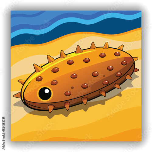 A close-up, eye-level shot presents a sea cucumber resting on a sandy beach at the water's edge. The sea cucumber, the main subject, is oblong-shaped and has a textured exterior, covered in small, clo