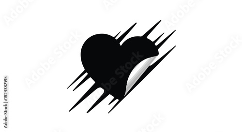 Torn ripped heart symbol with black lines on white background for love breakup loss concept
