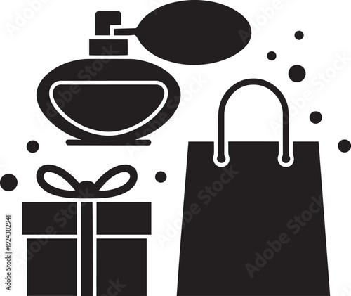 Perfume bottle with atomizer, gift box, and shopping bag, all in sleek black silhouette