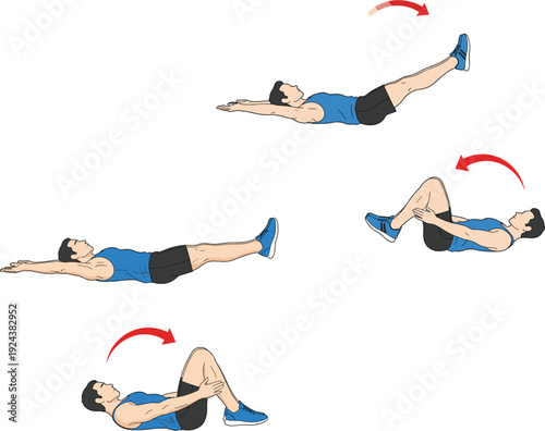 Flat vector illustration of a man performing core abdominal exercises and leg raises for fitness workout and healthy lifestyle