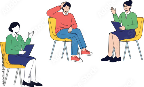 Flat vector illustration of a mental health counseling session with a therapist and a young man in distress