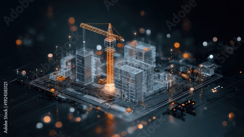 3d isometric wireframe hologram of a construction site with a crane and building on a dark background, a digital technology concept design.