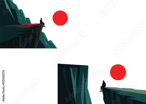 Minimalist flat vector illustration of a person sitting on a mountain cliff edge watching a red sun rising