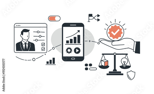 Modern minimal flat vector conceptual collage, crisp hard edges, consistent THIN outline stroke, rounded corners where needed,