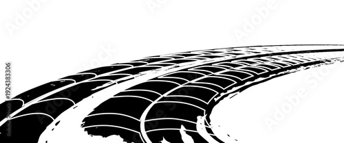 Auto tire tread grunge element. Car and motorcycle tire pattern, wheel tyre tread track. Black tyre print. Vector illustration isolated on white background.