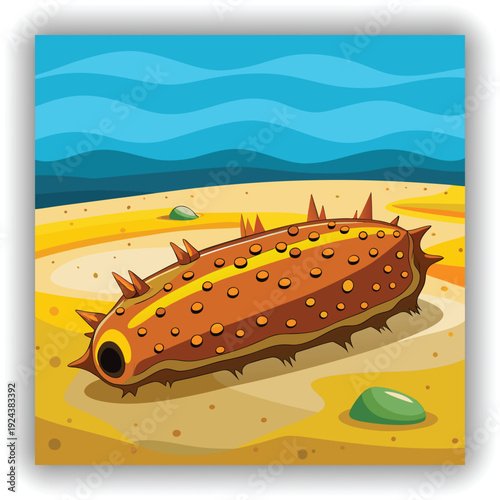 A close-up, eye-level shot presents a sea cucumber resting on a sandy beach at the water's edge. The sea cucumber, the main subject, is oblong-shaped and has a textured exterior, covered in small, clo