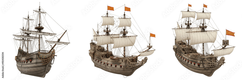 Naklejka premium Spanish treasure galleon isolated on white background, 16th–18th century treasure ship, gold and silver transport, colonial trade vessel, Manila galleon, Spanish fleet ship, historical maritime vessel