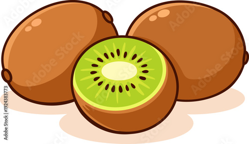 Kawaii illustration of three kiwi fruits, including a sliced kiwi showing its vibrant green flesh with black seeds.
