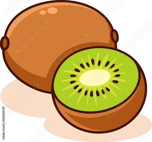 Cute kawaii illustration of a whole kiwi fruit and a sliced kiwi with bright green flesh and black seeds. 