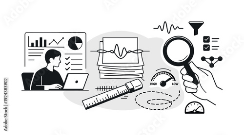 Modern minimal flat vector conceptual collage, crisp hard edges, consistent THIN outline stroke, rounded corners where needed,