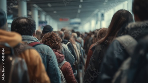 Large indoor crowd lined up in spacious terminal with casual outfits and backpacks