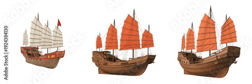 фотографія Chinese junk ship isolated on white background, traditional Chinese sailing vess
