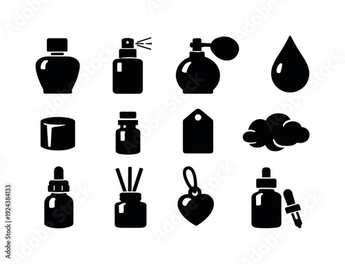 Fragrance Icon Set. Solid vector icons of personal fragrance: perfume flacon, spray pump, scent bottle, atomizer, fragrance drop,