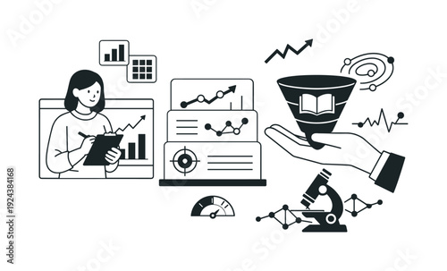 Modern minimal flat vector conceptual collage, crisp hard edges, consistent THIN outline stroke, rounded corners where needed,