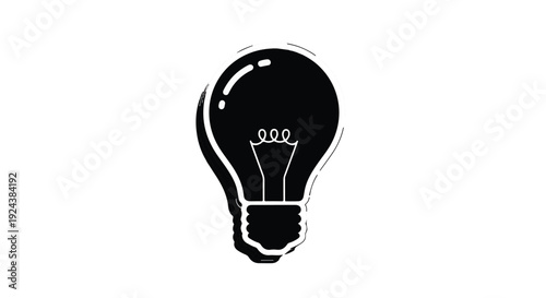 Black lightbulb icon with white outline on clean white background, symbolizing idea, inspiration, innovation, and creativity in modern minimalist design