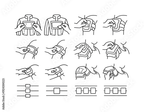 Line style icons of wearable hologram accent: jacketpanel, kneepad, armband, shoulder; attach, peel, place, remove; alignment,