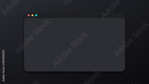 Dark web browser window mockup on a grid background. Empty blank interface with three colorful buttons for digital design.
