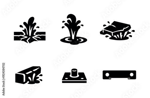 Solid vector icons of street-level water eruptions: road crack burst, continuous water ribbon, displaced pavement shard; curb