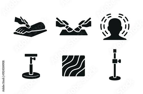 Solid vector icons of visual–tactile illusion mechanisms: modeled rubber limb, in-sync brush strokes, perceived ownership field;