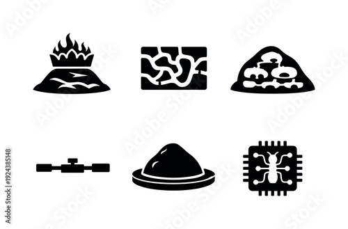 Solid vector icons of bio-architectural ant systems: thermal-control crown, intricate tunnel mesh, distributed habitat chambers;