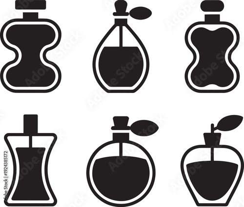 Elegant perfume bottle outlines with curved shapes and classic pump atomizer nozzles art v