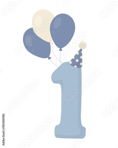 First birthday number one in soft blue with party hat and balloon bouquet. Flat vector for baby boy first birthday invitations, greeting cards, nursery decor, party posters, photo props, event