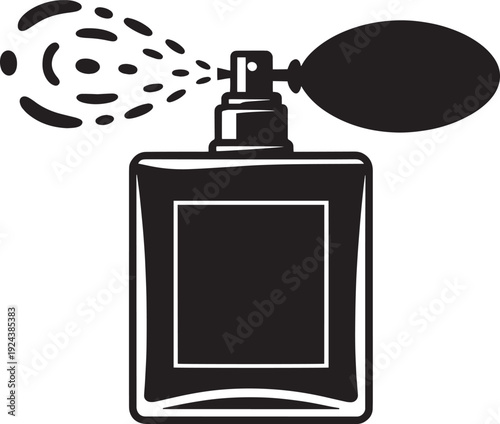 Black silhouette classic perfume bottle with atomiser spray and scent particles